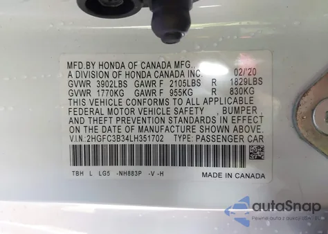 2020 Honda Civic Ex из США, поврежденный, VIN 2HGFC3B34LH351702